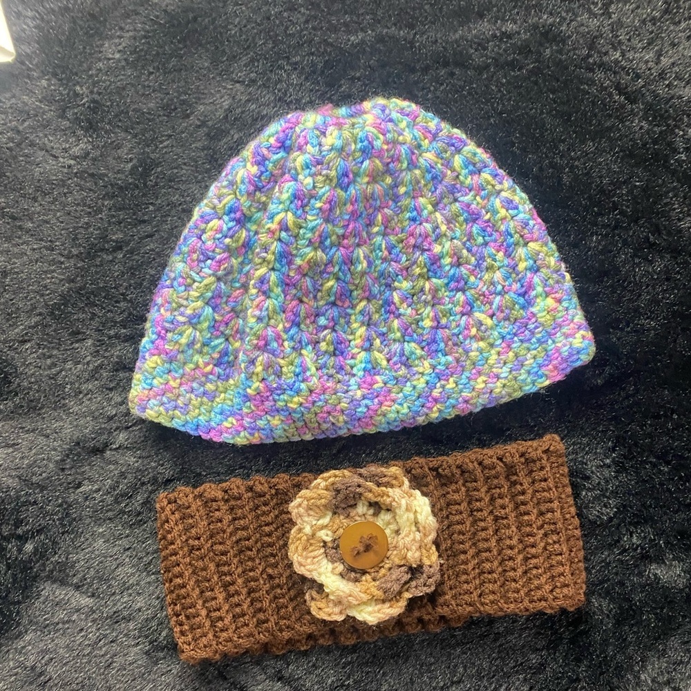Multicolor Knit Beanie and Brown Knit Floral Boho Headband